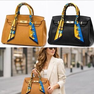 HORSE PRINT SKINNY SCARF BANDEAU BAG HANDLE WRAP FALL COLORS BLUE PUMPKIN